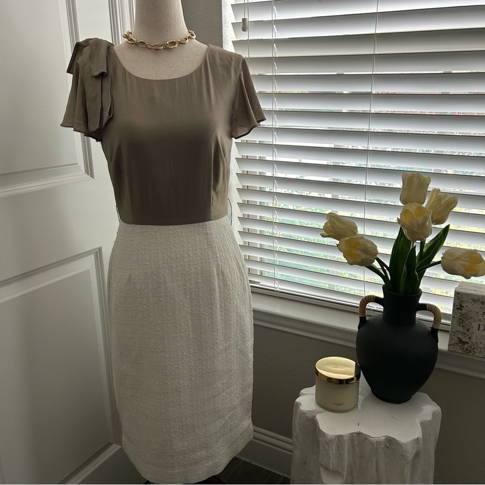 Antonio Melani Gold Shimmer Party Dress with Shoulder Ribbon Details